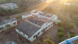 Arial view of damaged building