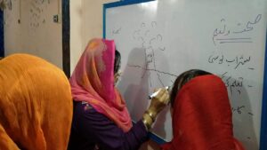 3 women writing on white board