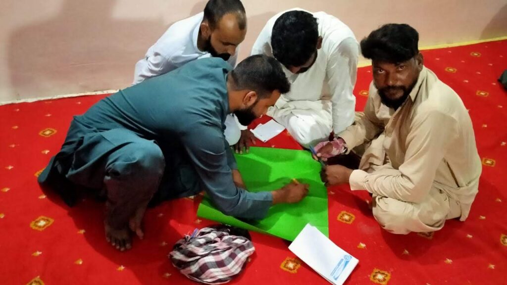 Group of men writing on paper on floor