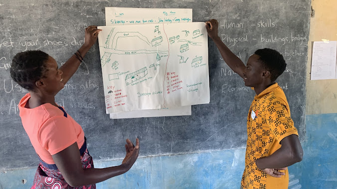 Woman and a man display a handdrawn community map